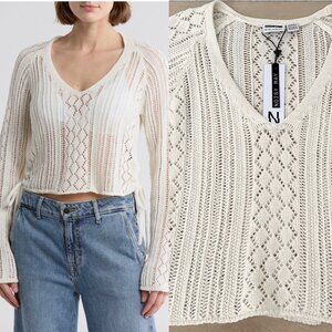 NWT Noisy May Luna Open Knit Side Ruched Sweater Top in Birch / Off White Size L